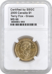 SSGC graded 2005 Terry Fox loonie obverse MS-66